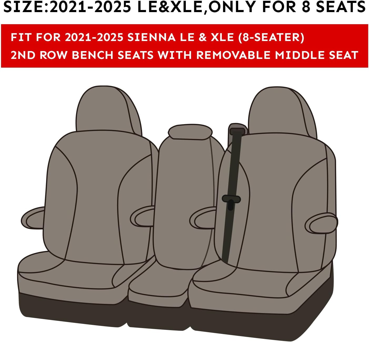 EKR Sienna Seat Covers for 2021 2022 2023 2024 2025 Toyota Sienna LE, XLE,8 Seats,2nd Row 4/2/4 Split,Waterproof Seat Covers Full Set for Trucks,Car Seat Protectors - Three Row,Leather (Black/Gray)