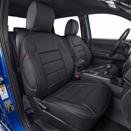 EKR Custom Fit Tacoma Front Car Seat Covers for Select Toyota Tacoma 2016 2017 2018 2019 2020 2021 2022 2023 Double Cab/Access Cab - Front Row Only, Leather (Black)