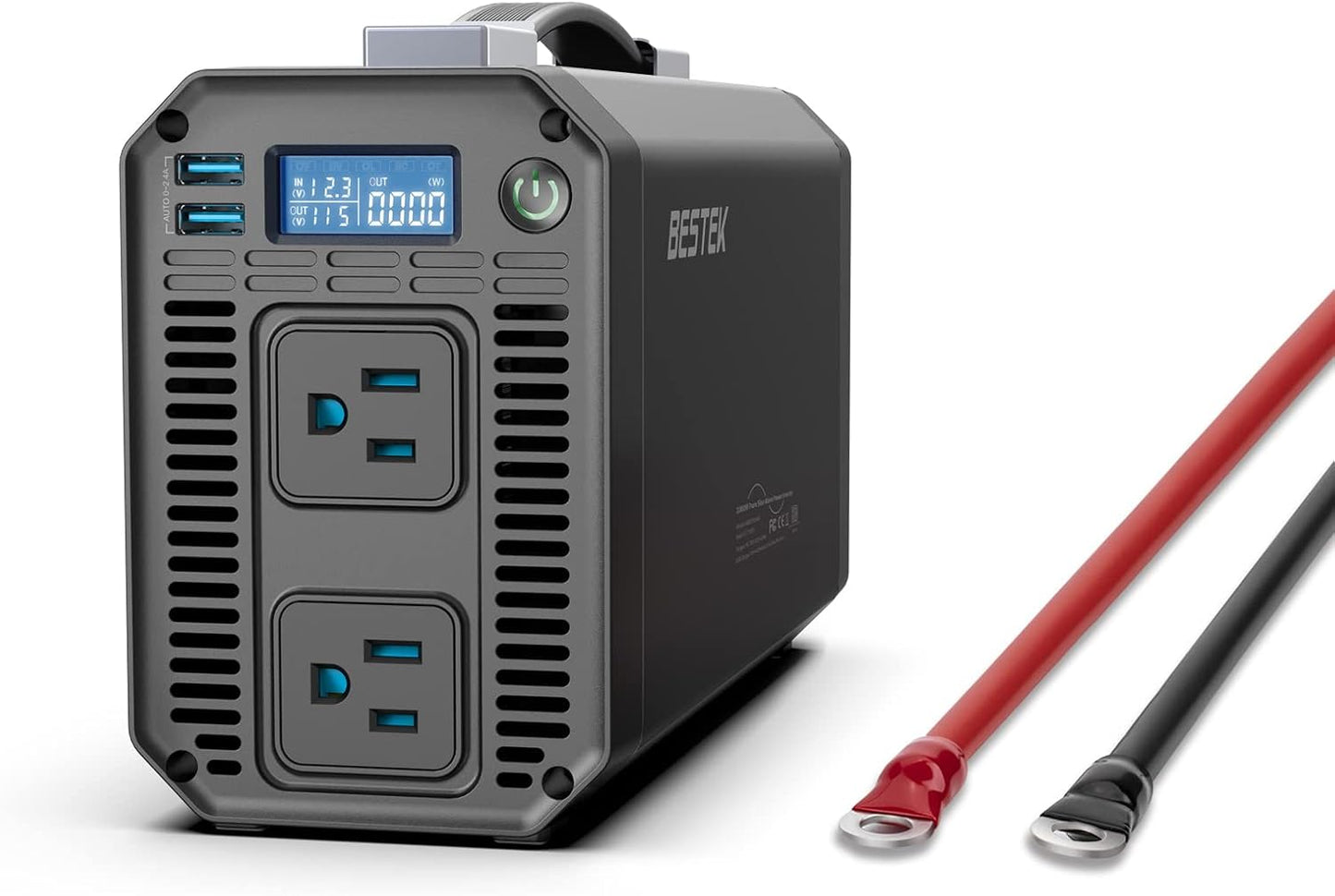 BESTEK Pure Sine Wave Power Inverter - 1000W Car Inverter DC 12V to 110V AC - Car Charger Adapter Outlet with 4.8A Dual USB Charging Ports - Digital LCD Display - Aluminum Housing - Rubber Handle