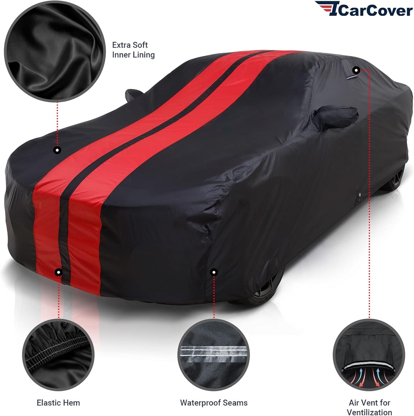iCarCover Custom Car Cover Compatible with Mustang 2005-2025, Waterproof All Weather Rain Snow UV Sun Protector Full Exterior Indoor Outdoor Car Covers, Stripe (Black/Red)