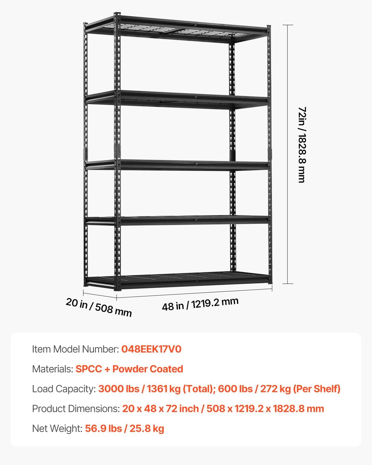 VEVOR Storage Shelves, 3000 lbs, 5 Tier Heavy Duty Garage Shelving, 20" D x 48" W x 72" H Adjustable Metal Shelves for Industrial Shelving Unit Utility Shelf, for Kitchen, Warehouse, Basement, Black