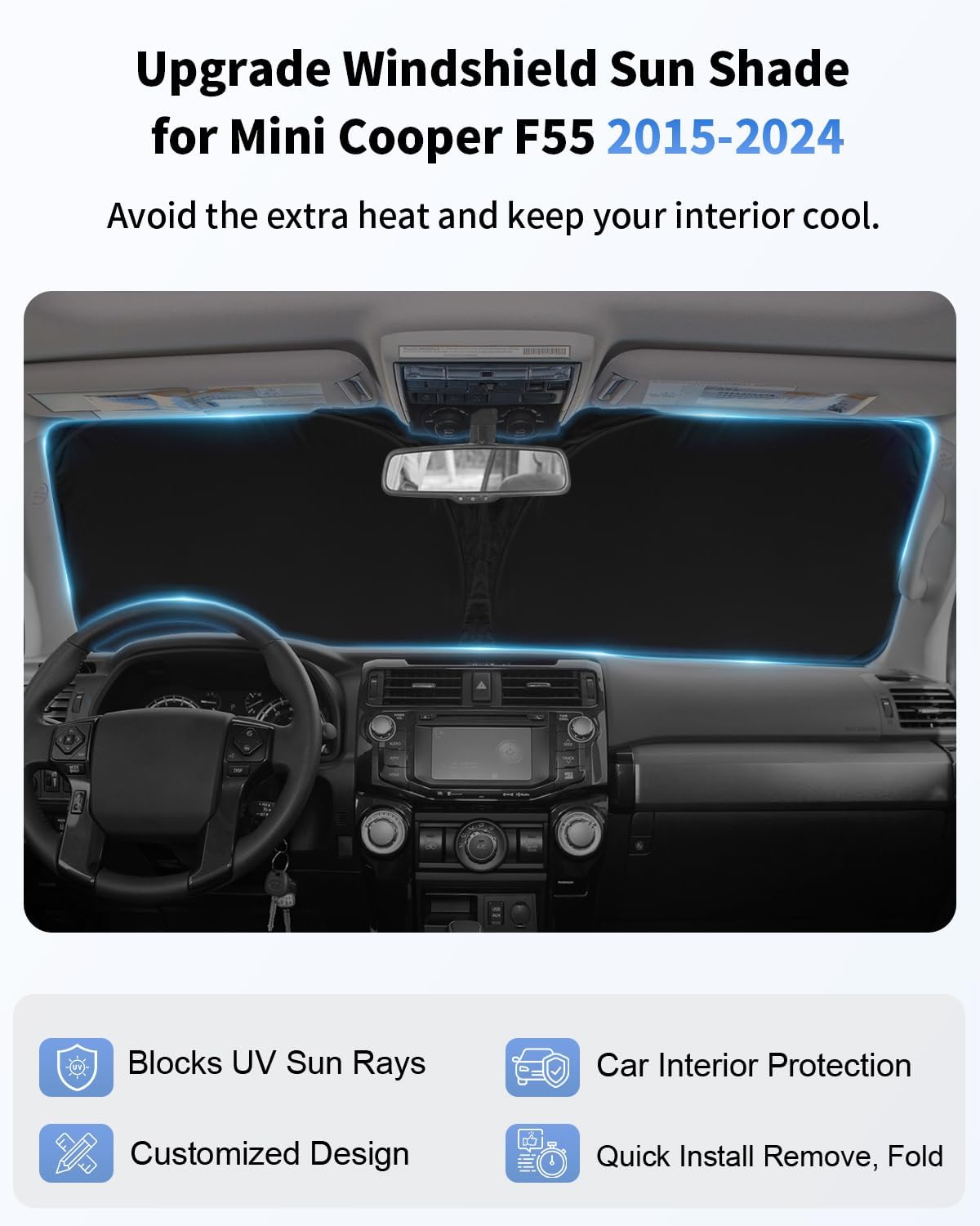 Sun Shade for Mini Cooper Windshield Sunshade fit for 2015-2023 2024 2025 BMW Mini Cooper F55 Accessories Front Window Shield Sun Visor Protector Block UV Ray Heat