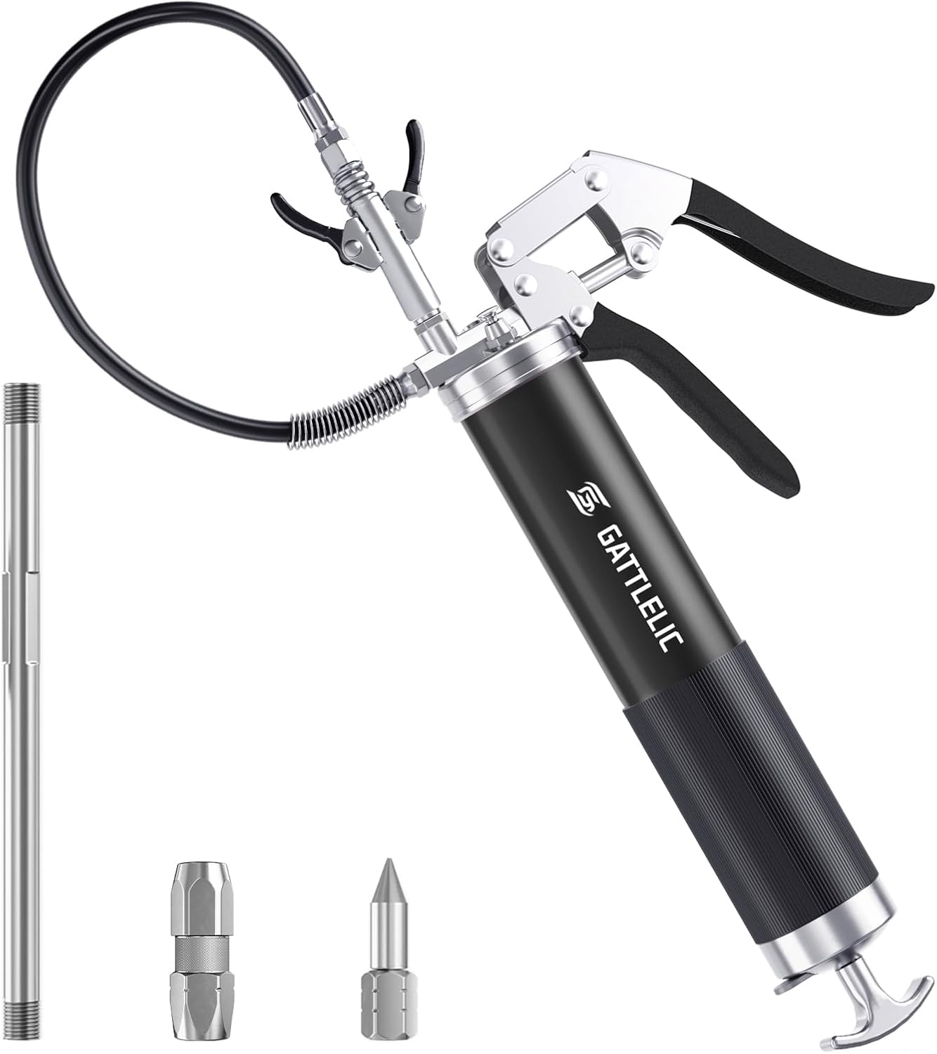 Grease Gun Kit, 8000 PSI Heavy Duty Grease Gun with Grease Coupler, 14oz Pistol Grip Grease Gun with 12 Inch Spring Flex Hose, Sharp Nozzle, Extension Rigid Pipe, Black