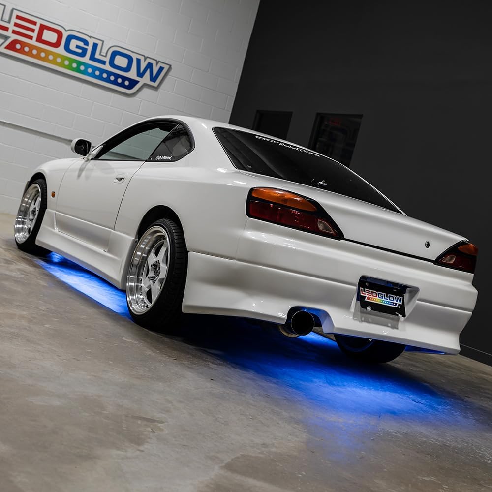 LEDGlow 4pc Blue LED Flexible Car Slimline Underbody Underglow Accent Neon Lighting Kit - 4 Unique Patterns - Water Resistant, Low Profile Light Tubes - Includes Control Box & Remote