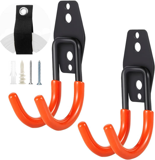 Heavy Duty Garage Storage Hooks，2 Pack Anti-Slip Coating,Wall Mount Storage Hooks for Hanging Bike, Ladder, Garden Tools,Small Utility Hook, Hose Holder for Outdoor and Indoors (4, Type u)