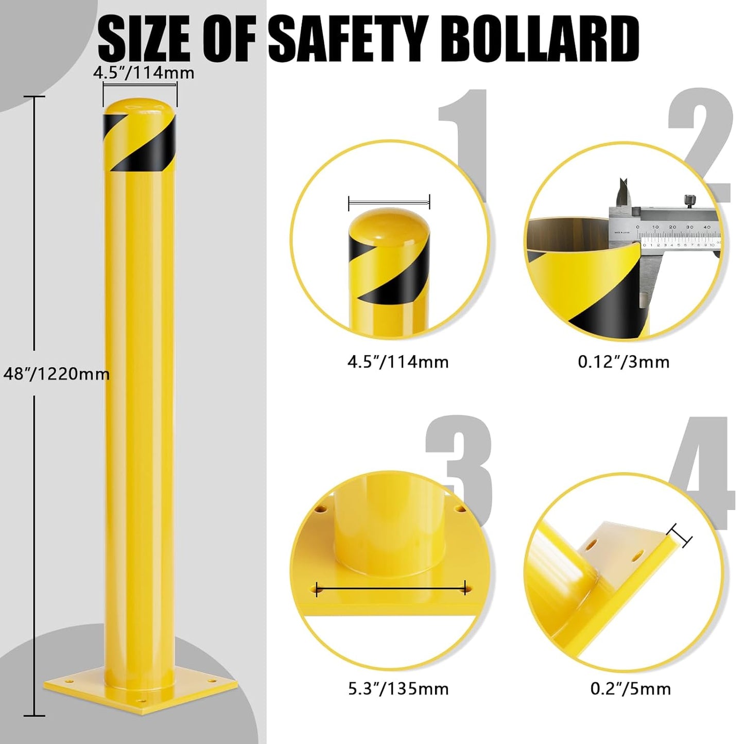 Safety Bollard Post, 48 Inch Height Steel Bollards, 4.5 Inch Diameter Parking Bollard, Yellow Powder Coated Safety Parking Barrier Post, for Traffic Sensitive Areas,8P