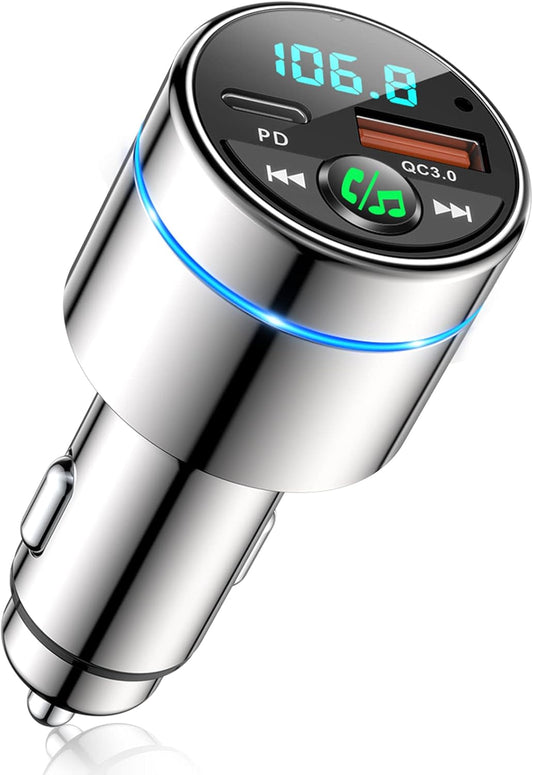FM Transmitter for Bluetooth 5.3, [All-Metal] PD 30W & QC3.0 18W Fast Car Charger, Wireless FM Radio Kit Bluetooth Car Adapter, Noise Cancelling Hands-Free Call, Blue Light - Silver