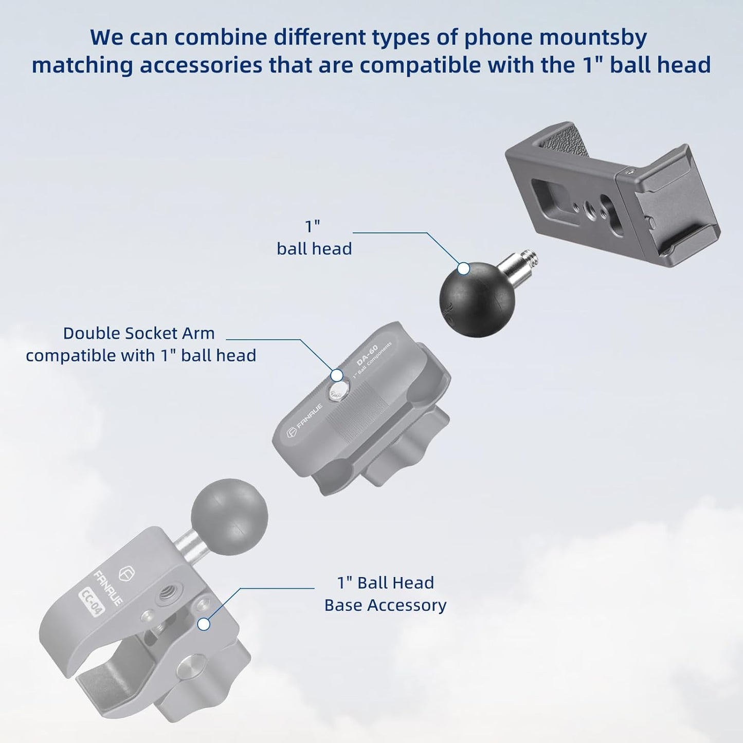 FANAUE Aluminum Phone Holder with 1" Ball Head Adapter - Universal RAM Mounts B Size Compatible, Double Socket Arm Design for Motorcycles/Bikes/ATVs/Cars/Trucks - Secure 360° Rotation