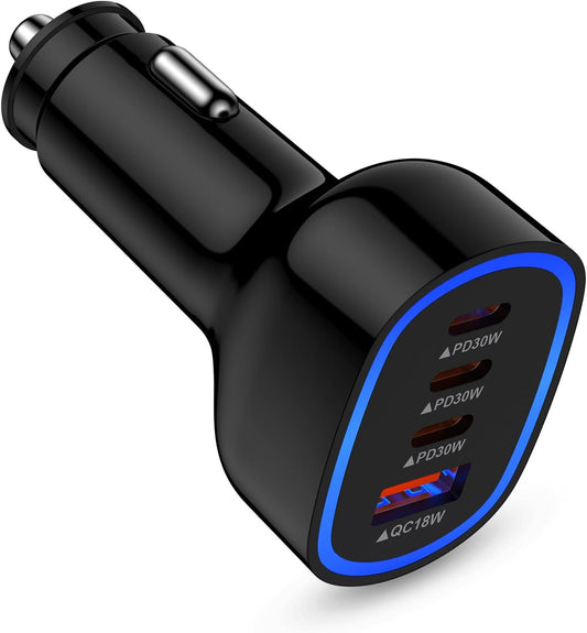 90W 4-Port Super Fast USB C Car Charger for Samsung Galaxy A17/A16/A56/A36/A15/A55/S25/S24/Ultra iPhone 16e/16 Pro Max Pixel 9a 9 Pro Android USB-C & USB-A Car Phone Charger Cigarette Lighter Adapter