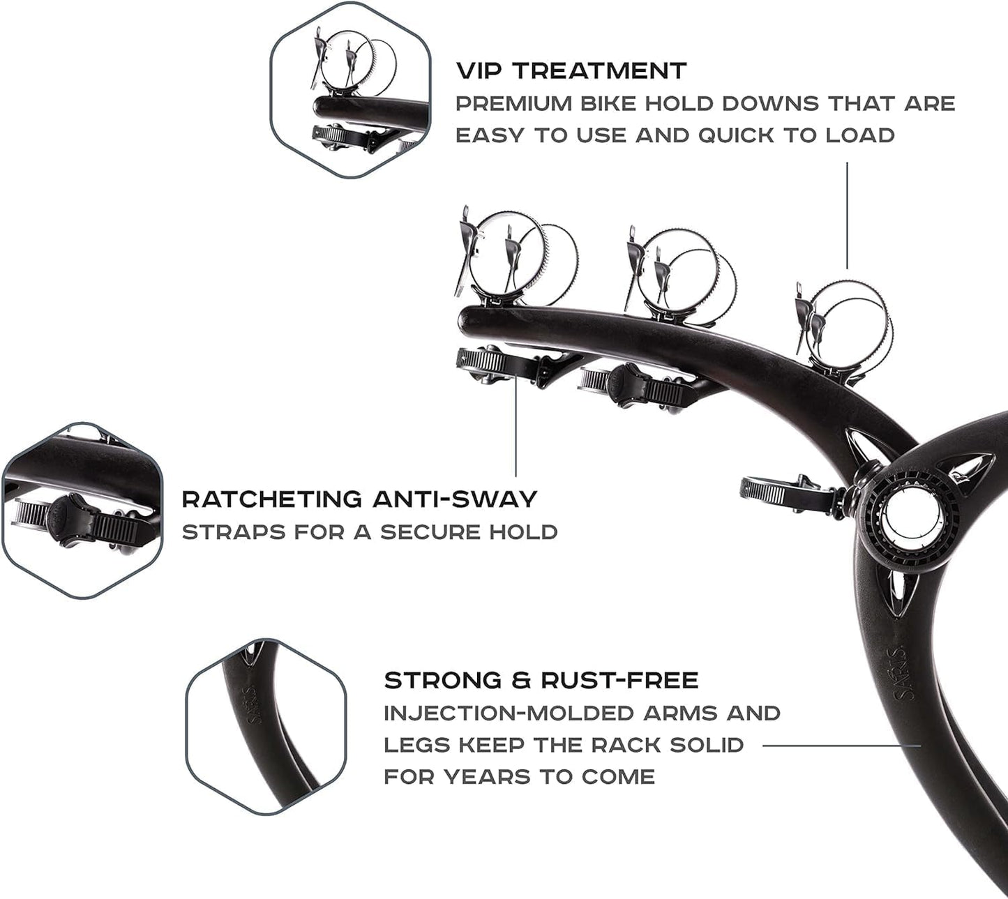 Saris Bones 3-Bike Trunk Rack Bicycle Carrier, Durable, Rust-Free, Anti-Sway Straps, Fits Most Vehicles, Made in USA, Arc-Based Design, 100% Recyclable Materials