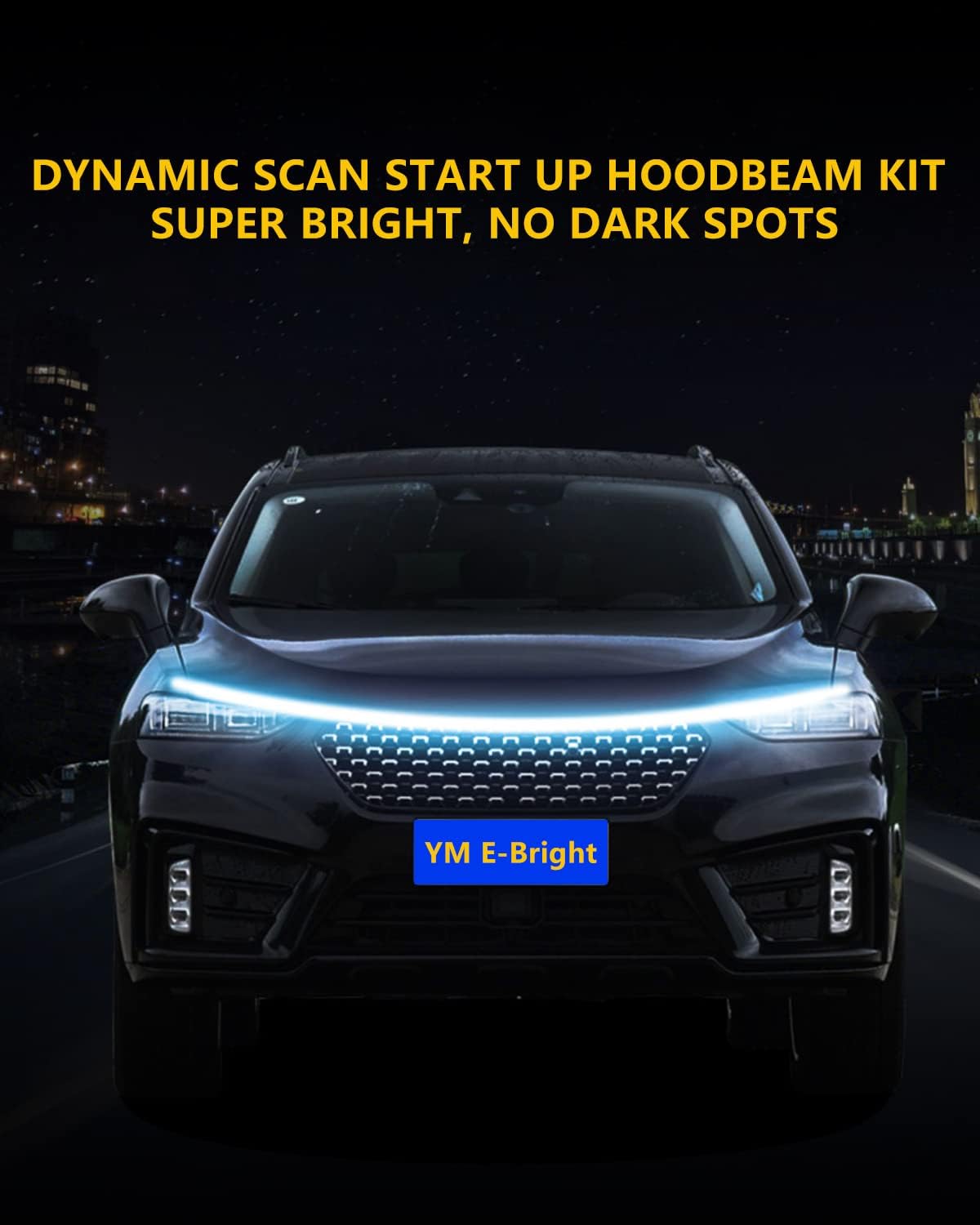 YM E-Bright Led Hood Light Strip Exterior Led Strip Lights for Cars Waterproof Flexible DRL Dynamic Scan Start Up Hoodbeam Kit Daytime Running Light for Truck,SUV,12V 70inch,Ice Blue,1 Set