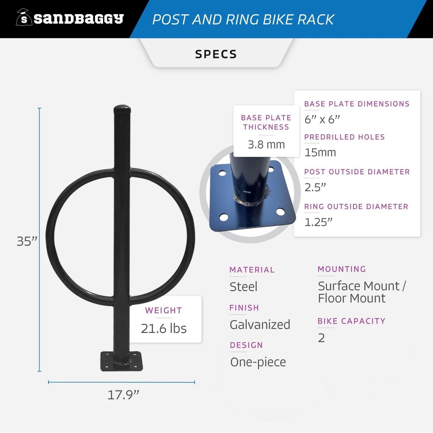 Sandbaggy Post and Ring Bike Rack - Commercial Bike Racks - Galvanized Steel - Anti-Theft Design - In Ground, Apartments, Sidewalks, Industrial (White, 10)