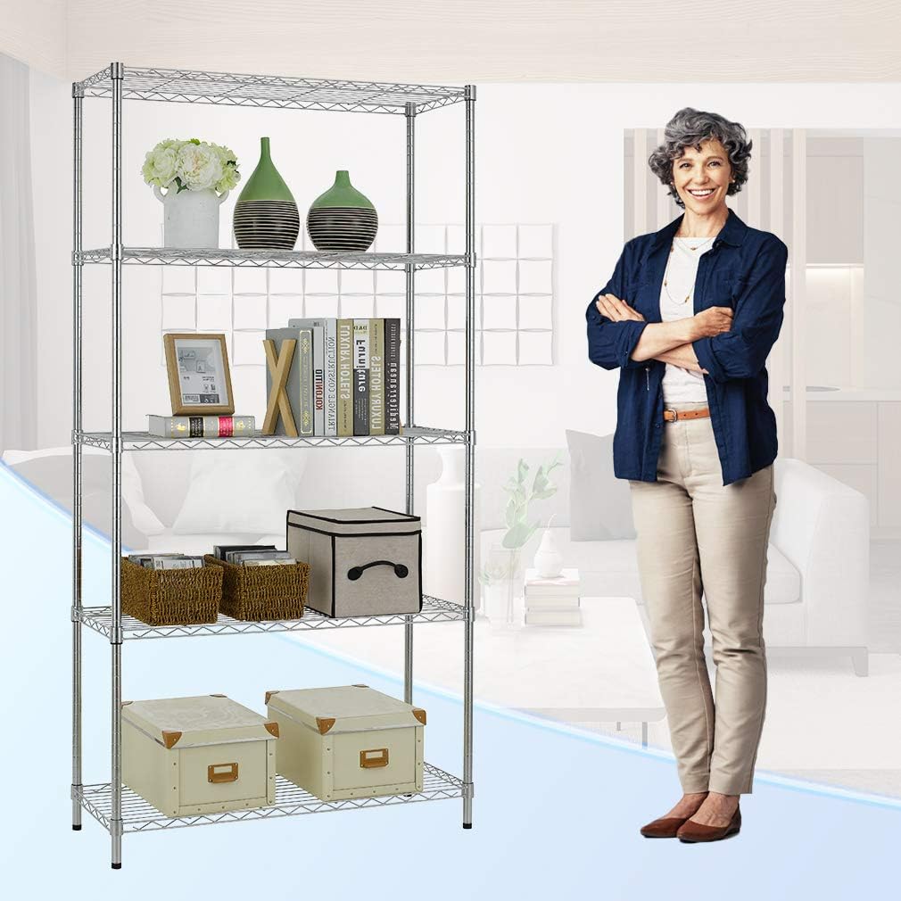 BestOffice 14''Wx36''Dx72''H NSF Wire Shelf Metal 5 Shelf Wire Shelving Unit Storage Shelves Heavy Duty Height Adjustable Utility Commercial Grade Steel Layer Shelf Rack Organizer,Chrome