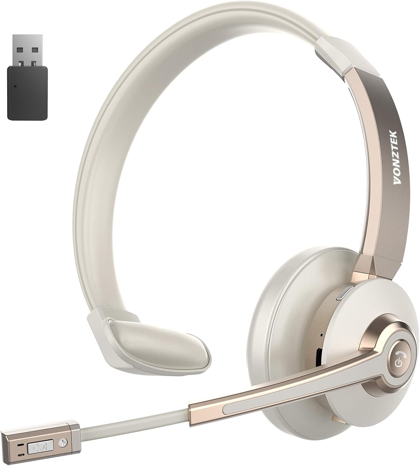 Wireless Headset, Bluetooth Headphones with Microphone Noise Canceling & USB Dongle, Singler-Ear Bluetooth Headset with Mic Mute for Cell Phone Computer Work Office Meetings Trucker Teams Skype Call