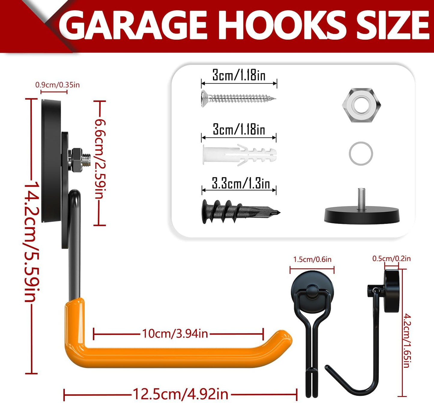 3-H Heavy Duty Magnet Garage Hooks 4 Pack, Extra Large Strong Magnetic Hooks for Hanging Cordless Power Drill, Utility Magnetic Tool Holder for Metal Cabinet, Steel Pegboard, Toolbox, Garage(Orange)