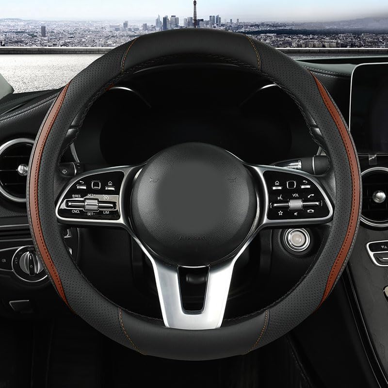 Szttswamp Car Steering Wheel Cover, Microfiber Leather Brown 14.5-15 Inch by Szttswamp