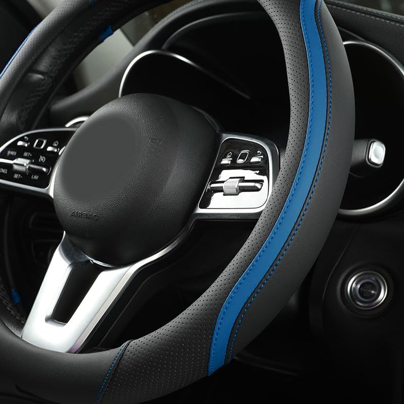 Szttswamp Car Steering Wheel Cover, Microfiber Leather Blue 14.5-15 Inch - Image 2
