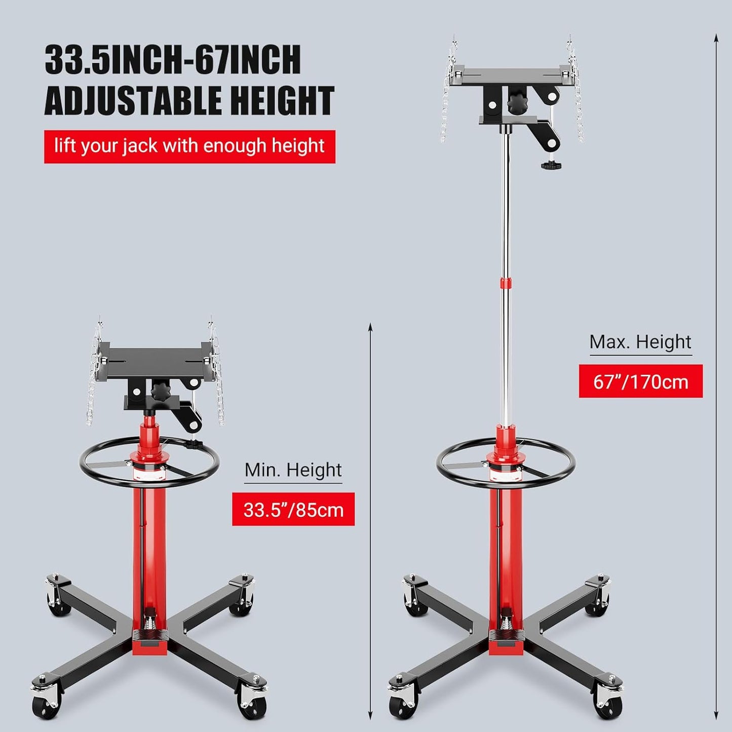 Transmission Jack, 1100lbs Hydraulic Telescoping Transmission Jacks, 33.5"-67" High Lift, 2-Stage Transmission Jack Stand 1/2 Ton Capacity with Foot Pedal, 360° Swivel Wheel