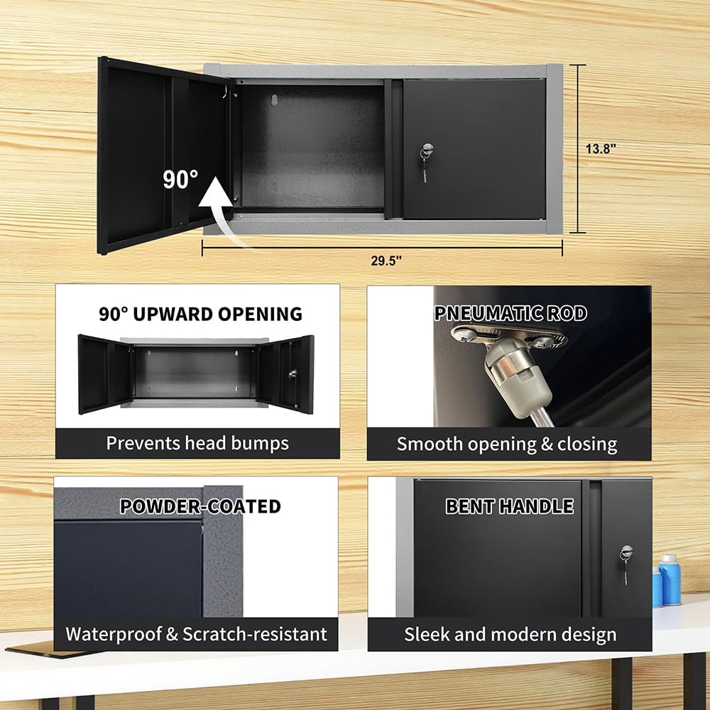JZD Heavy Duty Metal Garage Shop Tool Storage Cabinet Set System with Wood Tabletop, for Basement Automotive Repair Shop