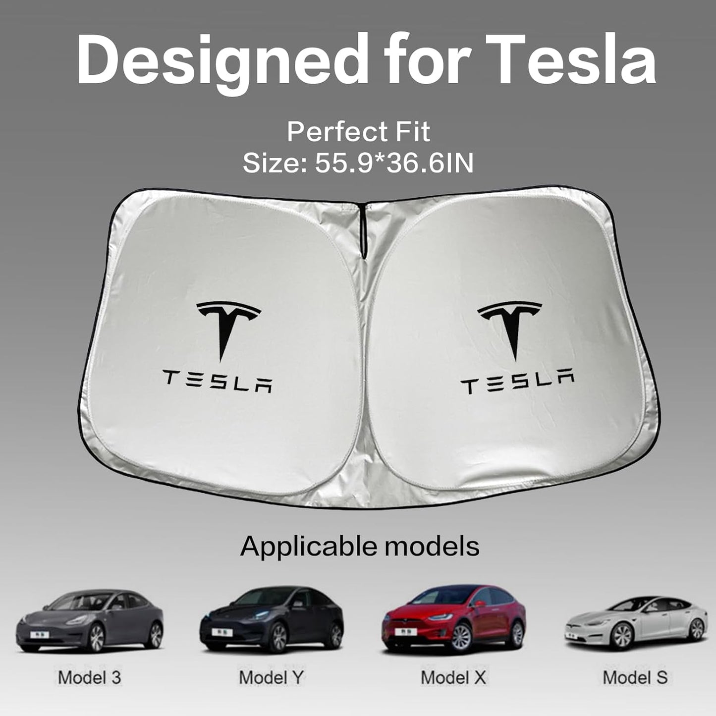 300T Sunshade for Tesla Model Y Model 3, Car Accessories 2025 for Tesla, Front Window Sunshade with Organizer Bag, Gifts for Tesla Owners (Black)