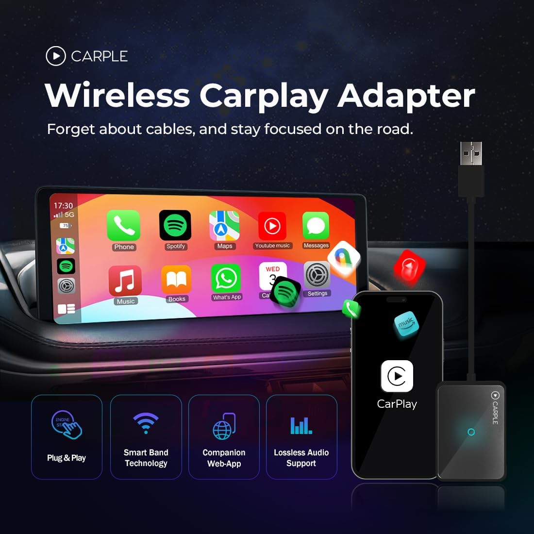 Wireless Carplay Adapter with Web App and OTA Updates, Convert Wired to Wireless CarPlay for Seamless Connectivity, Easy Installation in Any Vehicle, USB&USB-C/Type-C, Stable & No Delay