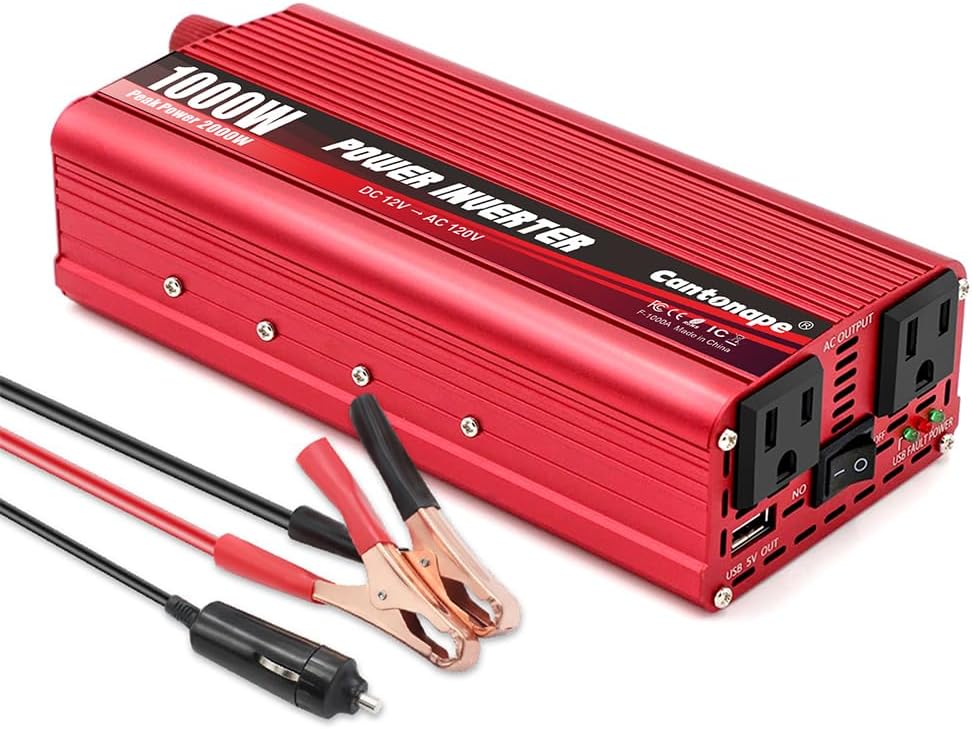 1000W/2000W(Peak) DC 12V to 110V/120V AC Power Inverter Converter with 3.1A USB Car Adapter and Cigarette Lighter for Car Home Laptop Truck