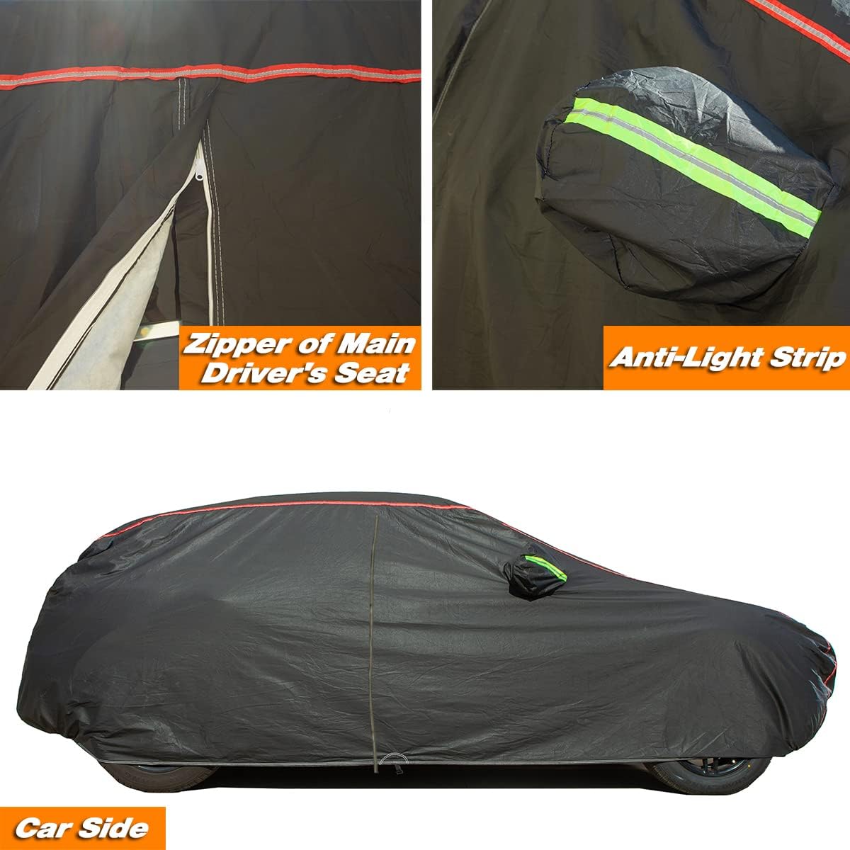 AUQDD 6-Layers PEVA New Material Sedan SUV Full Padded Car Cover Waterproof All Weather Weatherproof UV Sun Protection Snow Dust Storm Resistant Outdoor Exterior Custom Form-Fit Straps 165"-179" Black