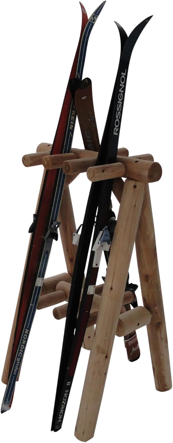 9-Place Freestanding Log Ski Rack Holder, Indoor & Outdoor Snowboard Racks, Standing Storage, Garage Racks for Snow Skis & Poles, Durable Snowboard Rack Garage Storage Organizer - Unfinished