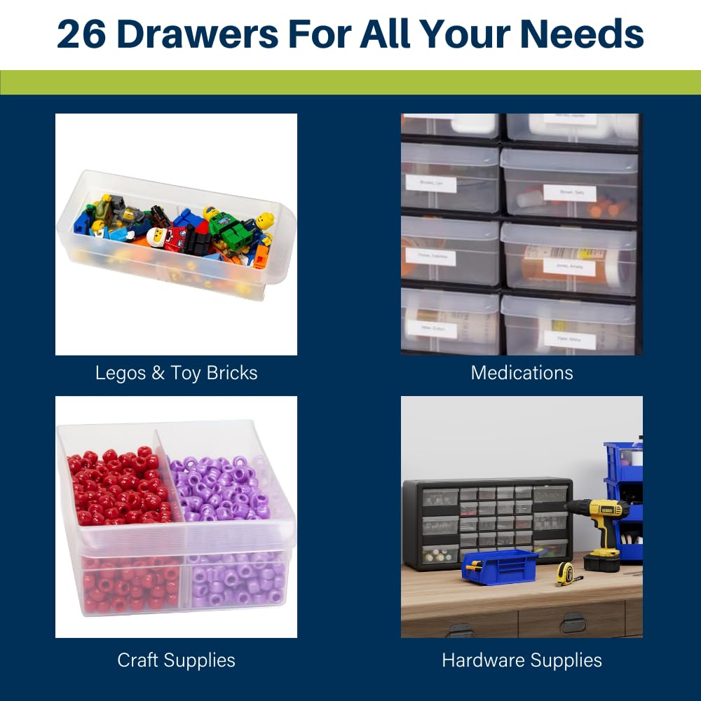 Akro-Mils 26-Drawer Plastic Drawer Storage Cabinet for Garage Organization, Bead Organizer, Building Bricks Storage, Teacher Toolbox, Makeup Organizer, 20-Inch W x 6-Inch D x 10-Inch H, 10126 Red