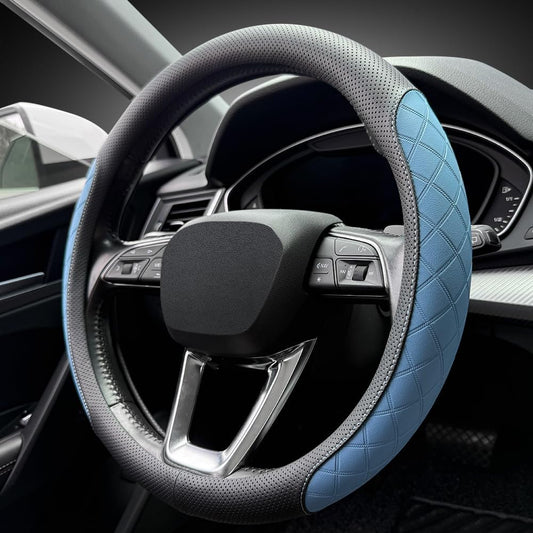 LKWLIKEI Nappa Leather Steering Wheel Cover,Elegant Diamond Checkered Design, Non-Slip wear-Resistant, Enhance Driving Comfort, Suitable for Steering Wheel Diameter 14 1/2‘-15’ Models.Black Blue