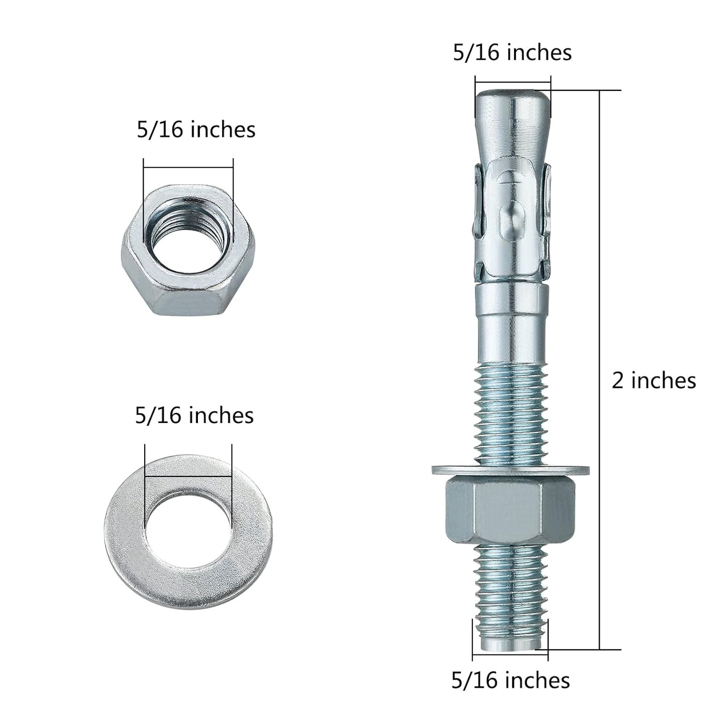 5/16x2" 50Pcs Inch Standard Fasteners for Heavy-Duty Zinc Wedge Anchors for Cement and Concrete