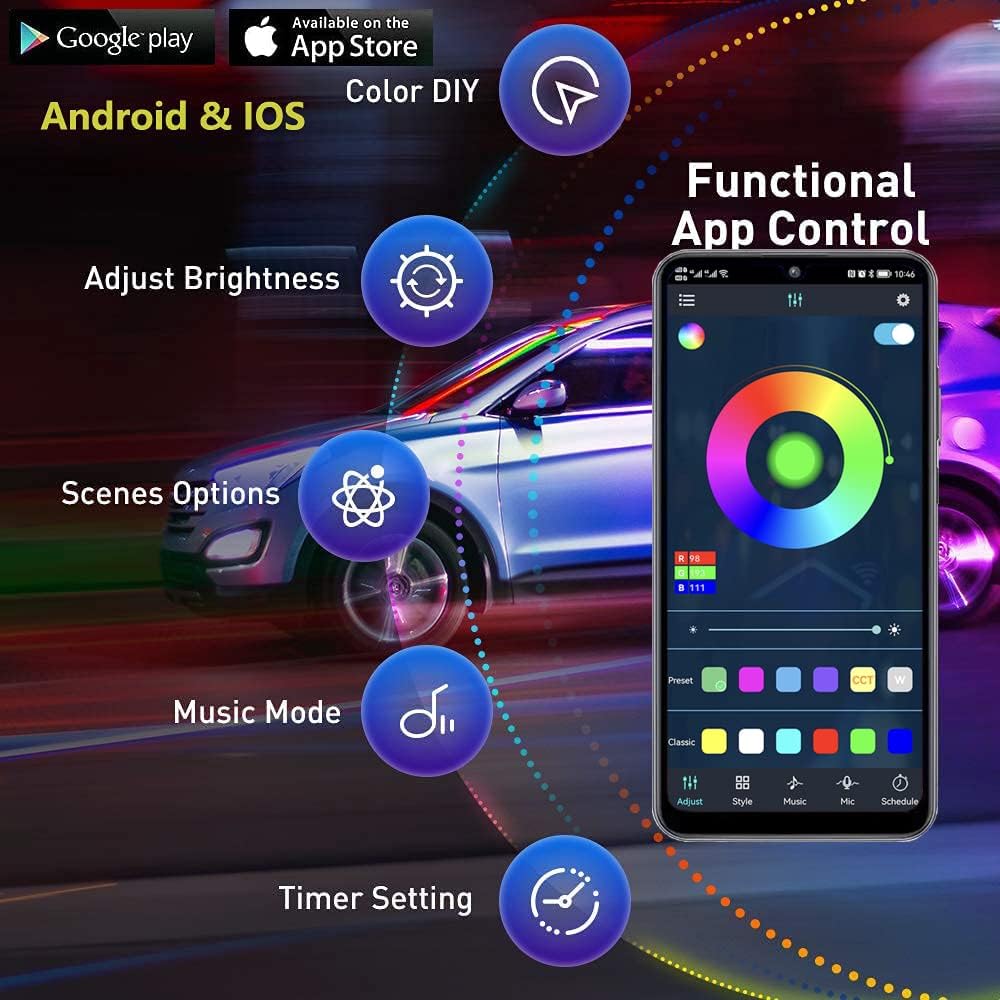 Underglow Car Lights, 252 LEDs RGBIC 4 pcs Dream Color Dancing Chasing Strip Lights with 16 Million Colors and 213 Scene Modes with App and Remote Control, 5 Music Modes for All Cars