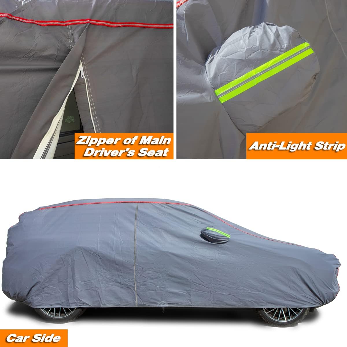 AUQDD 6-Layers PEVA New Material Sedan SUV Full Padded Car Cover Waterproof All Weather Weatherproof UV Sun Protection Snow Dust Storm Resistant Outdoor Exterior Custom Form-Fit Straps 198"-208" Grey