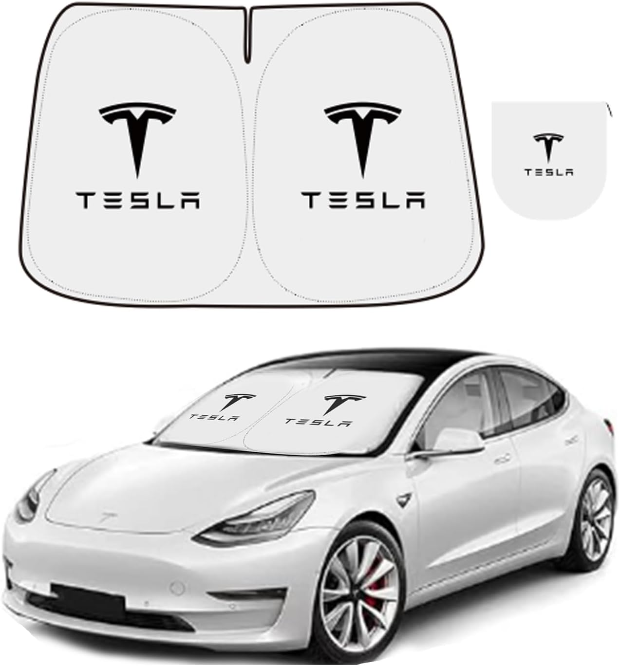 300T Sunshade for Tesla Model Y Model 3, Car Accessories 2025 for Tesla, Front Window Sunshade with Organizer Bag, Gifts for Tesla Owners (Black)