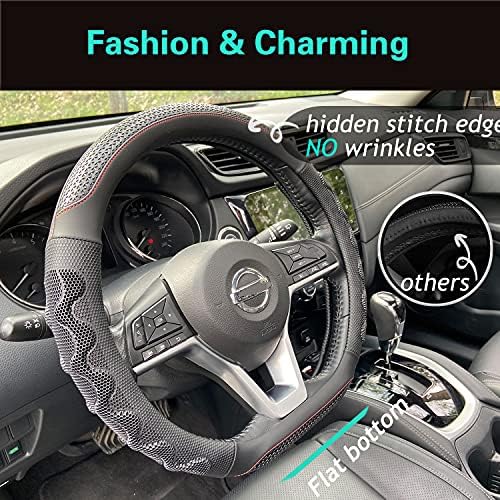 PINCTROT D Shaped 14 Inch Steering Wheel Cover Great Grip Black/Red Stitch - Image 2