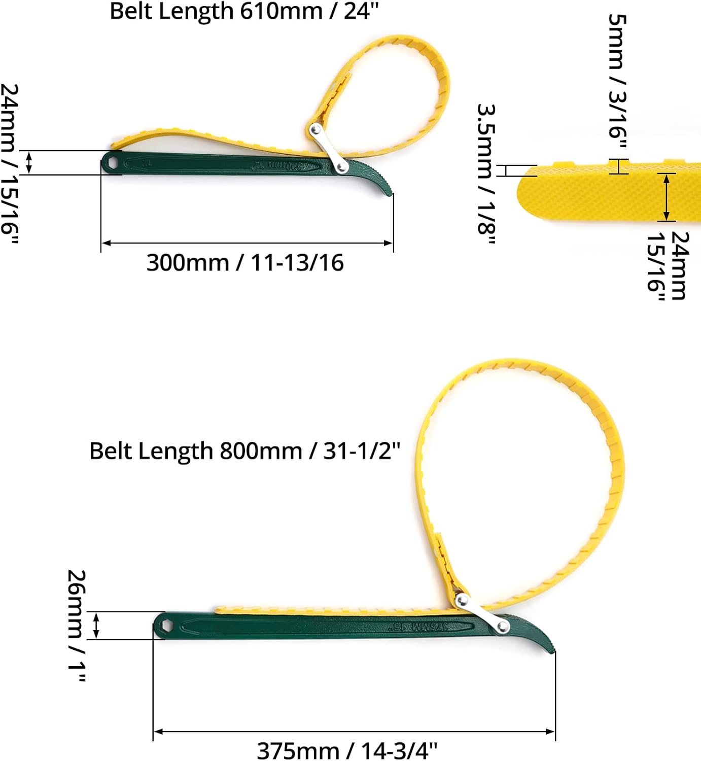 QWORK 15" + 12" Belt Strap Wrench, Multi-Purpose Adjustable Strap Oil Filter Strap Opener Wrench,with 35 7/16 inches Capacity Adjustable Strap, 2 Pack