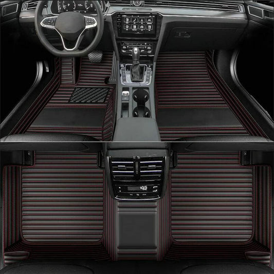 Car Floor Mats (Black Red Stripe, 3D) - Luxury Leather, Custom Fit for 99.9% Sedan SUV Sports, All-Weather, Waterproof, Non-Slip, Environmentally Friendly