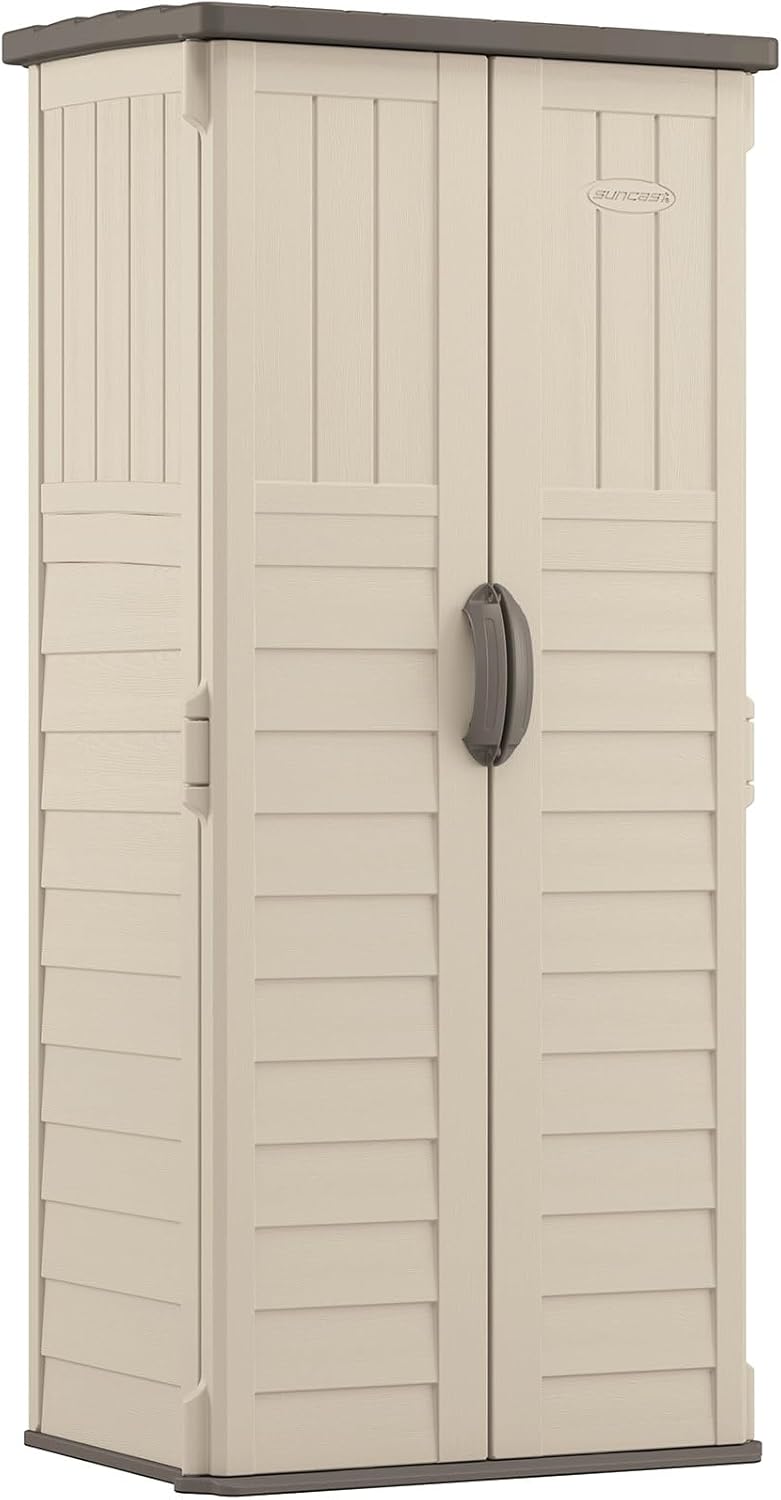 Suncast Vertical Outdoor Storage Shed with Reinforced Floor, Lockable Double Doors, All-Weather Construction, and Multi-Wall Panels, Vanilla, Made in the USA