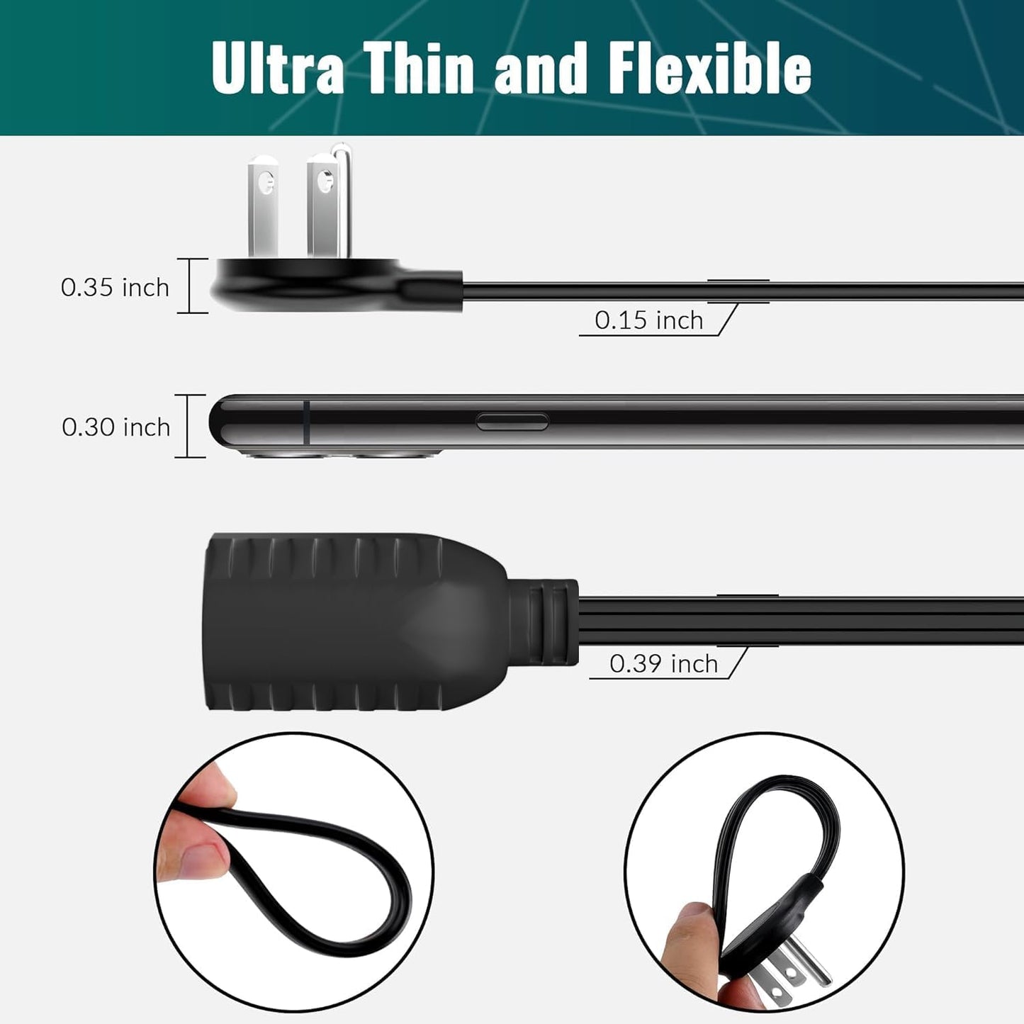 Elecan Flat Plug Extension Cord 25 Ft with Slim Space-Saving Plug Design, Thin Flat Cable Low Profile Power Cord 3 Prong Grounded Wire, 16 Gauge 13 A/125 V-Black-ETL Certified