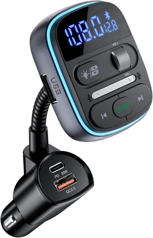 LENCENT Bluetooth FM Transmitter PD 30W, Bluetooth Car Adapter with QC3.0 Fast Charger, Hi-Fi Bass Music, Wireless Radio Receiver Hands-Free Calling, [Color Light]