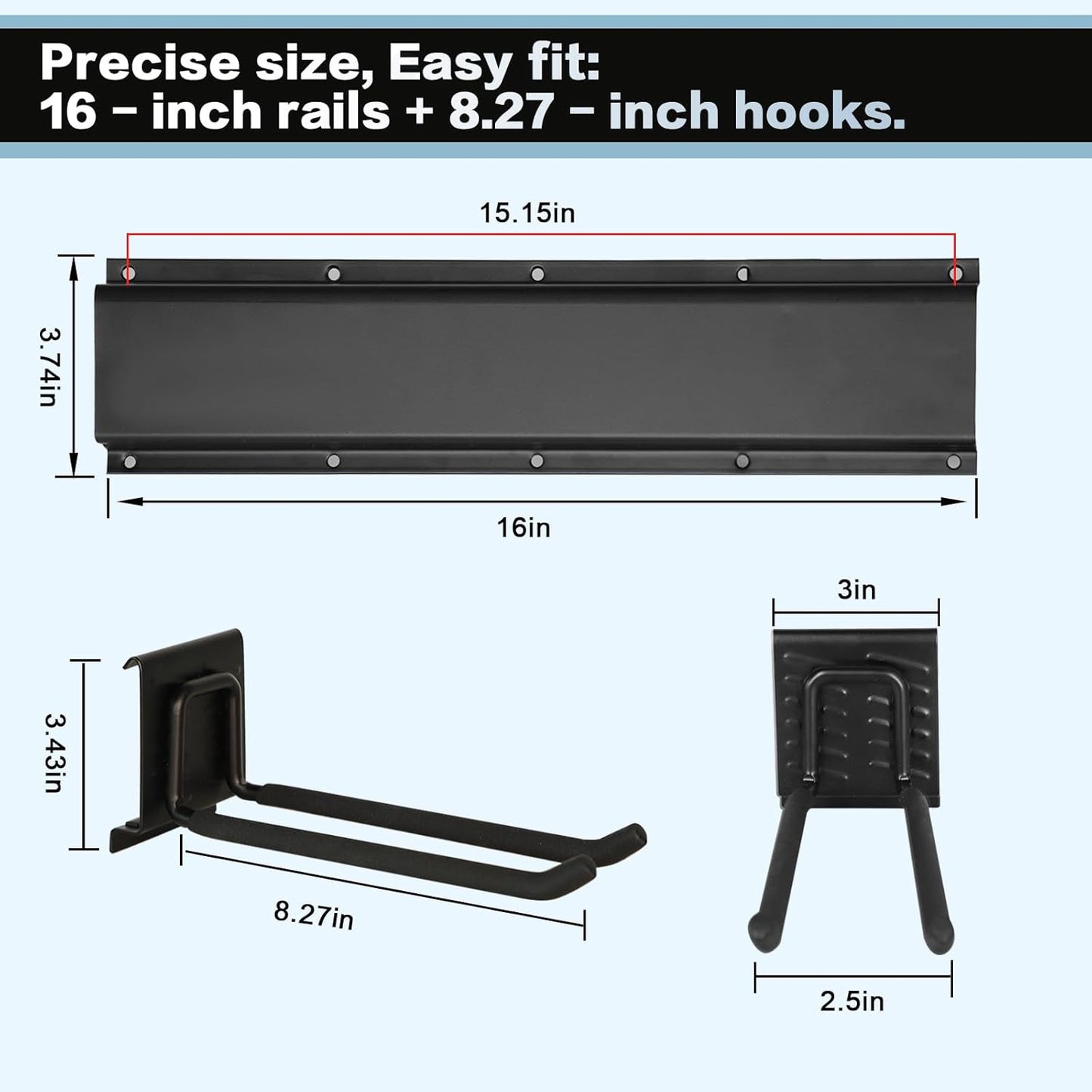 Garage Tool Organizer Wall Mount 48in- 6 Heavy Duty Hooks,360lbs Capacity, Garage Organization & Storage Rack for Broom, Rake & Snow Equipment - Tool Organizer & Men’s Gift Choice
