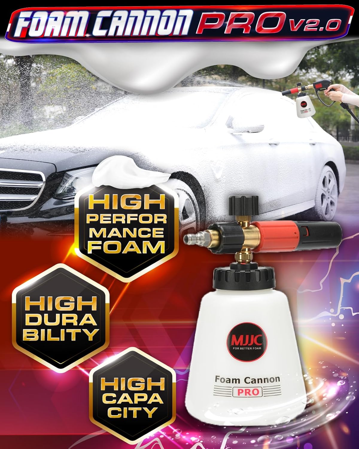 MJJC Foam Cannon Pro V2.0 (Thicker Snow Foam Technology) with 1/4 Inch Quick Connector for Pressure Washer, 40 oz Bottle (Pro V2.0 (1/4" Quick Connector) + SOAP Sample)