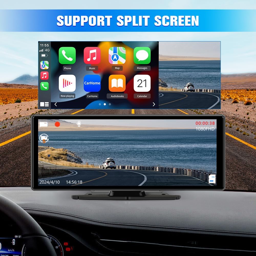 Portable Wireless CarPlay Screen for Car with 4K Dash Cam+1080P Backup Camera, 10.26”IPS Touchscreen Car Stereo, Supports CarPlay/Android Auto/Voice Control/GPS Navigation/Bluetooth/Mirror Link