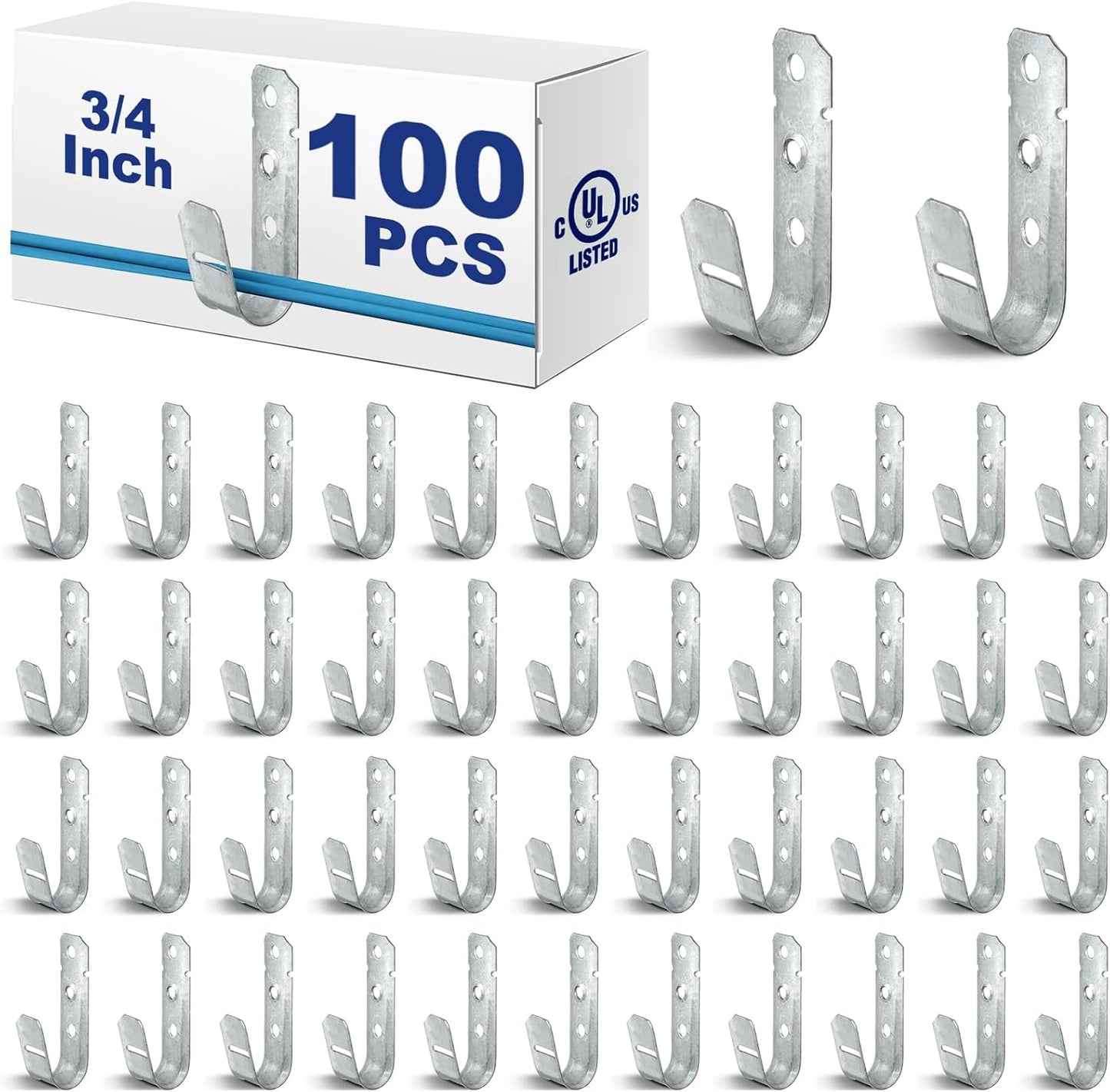 Gisafai 100 Pcs Cable Support J-Hook, 3/4 Inch Metal Garage Hooks for Hanging, Heavy Duty Network for Cable and Wire Management Wall Attaching J Utility, G60 Galvanized Steel, Silver