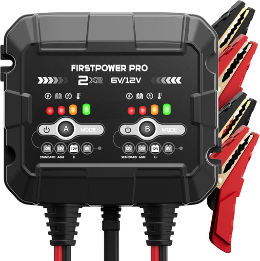 2-Bank, 4A (2A/Bank) Trickle Charger for Car Battery, 12V 6V Car Battery Charger, Automotive Battery Trickle Charger, Battery Maintainer, for Car Motorcycle Lawn Mower AGM, Lithium Batteries