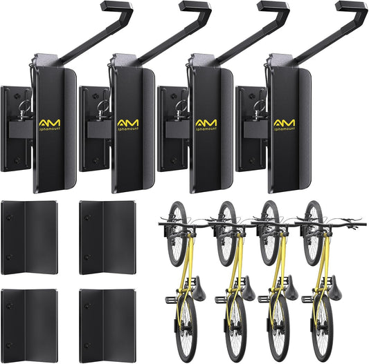 AM alphamount Swivel Bike Wall Mount, Metal Wall Bike Rack with Durable Sleeves, Space-Saving Vertical Bike Rack with 180° Swivel for Home and Garage, Bike Wall Mount Up to 66 lbs, 4-Pack