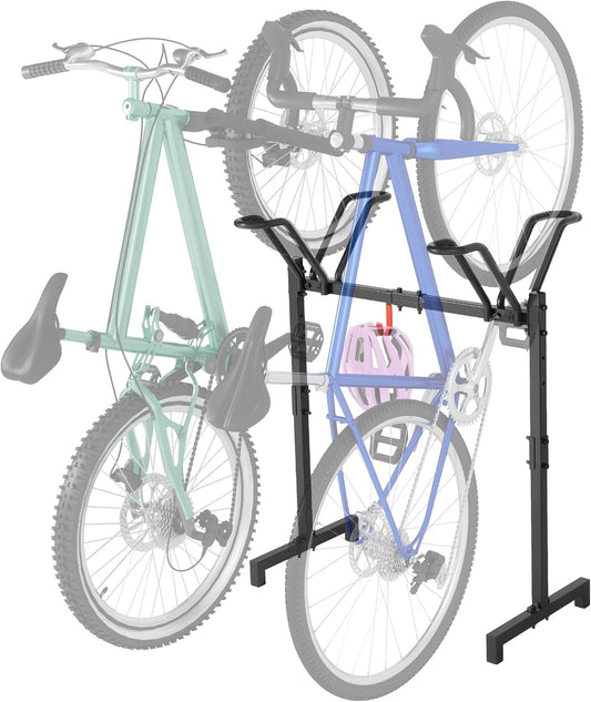 2 Bikes Floor Stand,Adjustable Bicycle Parking Rack with Hook for Garage/Indoor/Outdoor,Metal Cycle Storage Organizer Rack for Road Bikes