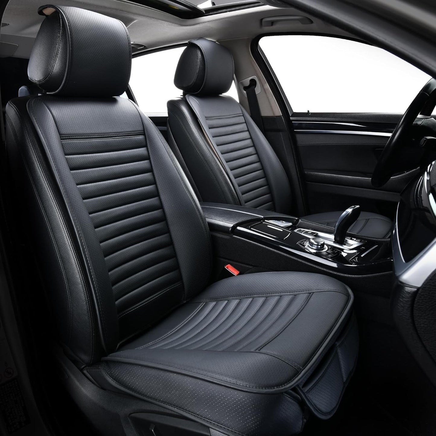Universal Leather Car Seat Covers Full Set, Car Seat Cushion Covers Protector for Cars SUV Pick-up Truck Van Interior Accessories(Black)