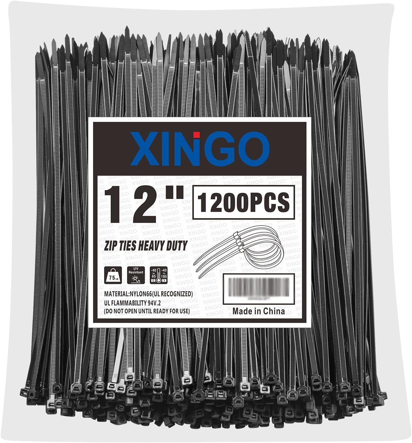 XINGO 12 Inch Black Zip Ties 1200 PCS, 75 LBS Tensile Strength, UV Resistant Cable Ties, Premium Self-locking Plastic Ties for Indoor and Outdoor Use