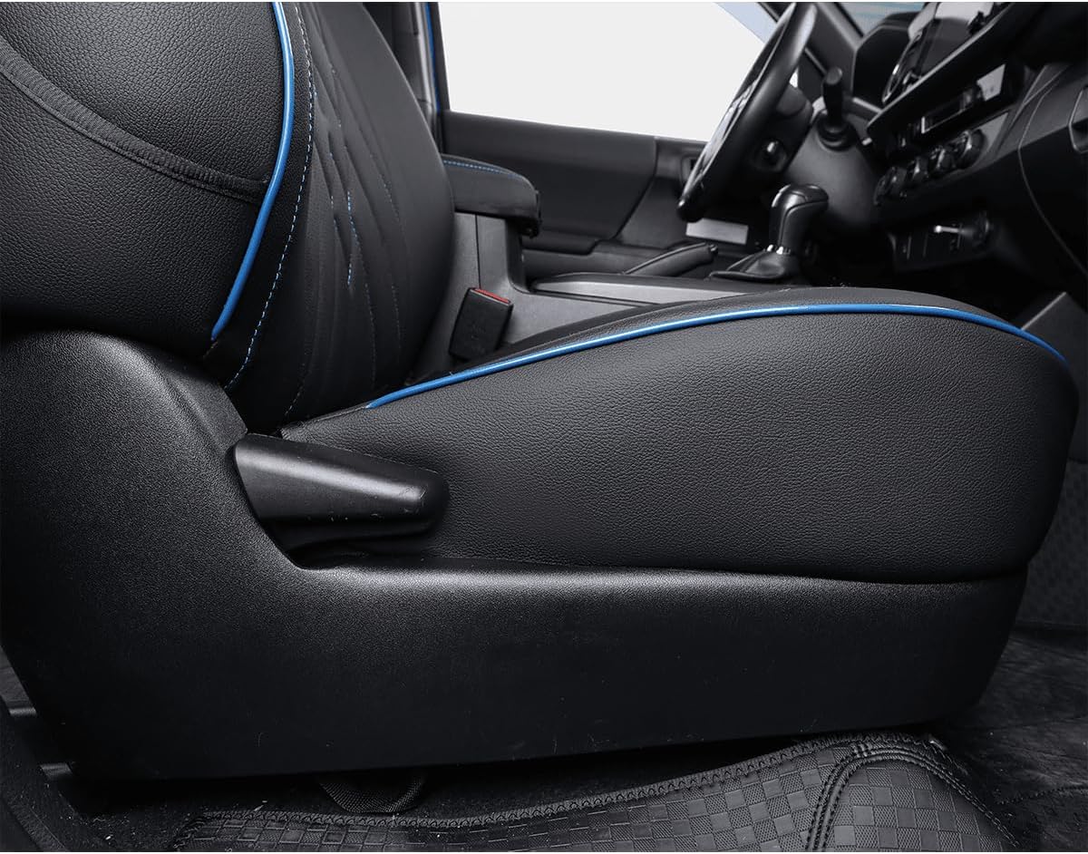 EKR Custom Fit Tacoma Front Car Seat Covers for Select Toyota Tacoma 2016 2017 2018 2019 2020 2021 2022 2023 Double Cab/Access Cab - Front Row Only, Leather (Black with Blue Trim)